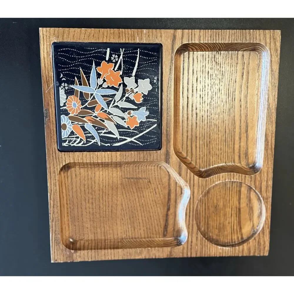 Vintage MCM Wooden Snack Serving Tray w/ Ceramic Tile Trivet 10x10